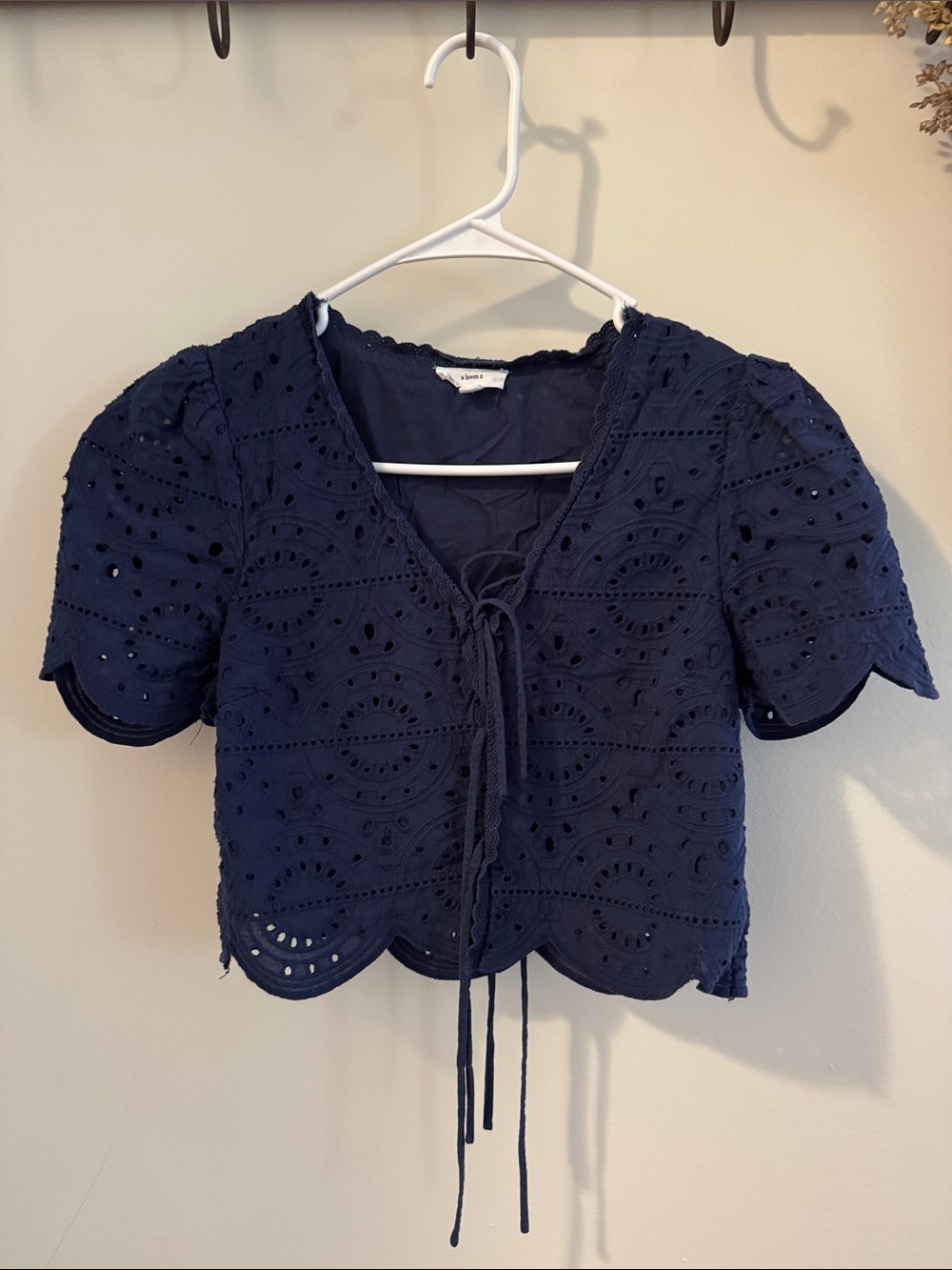 Navy Eyelet Tie-Front Cropped Blouse